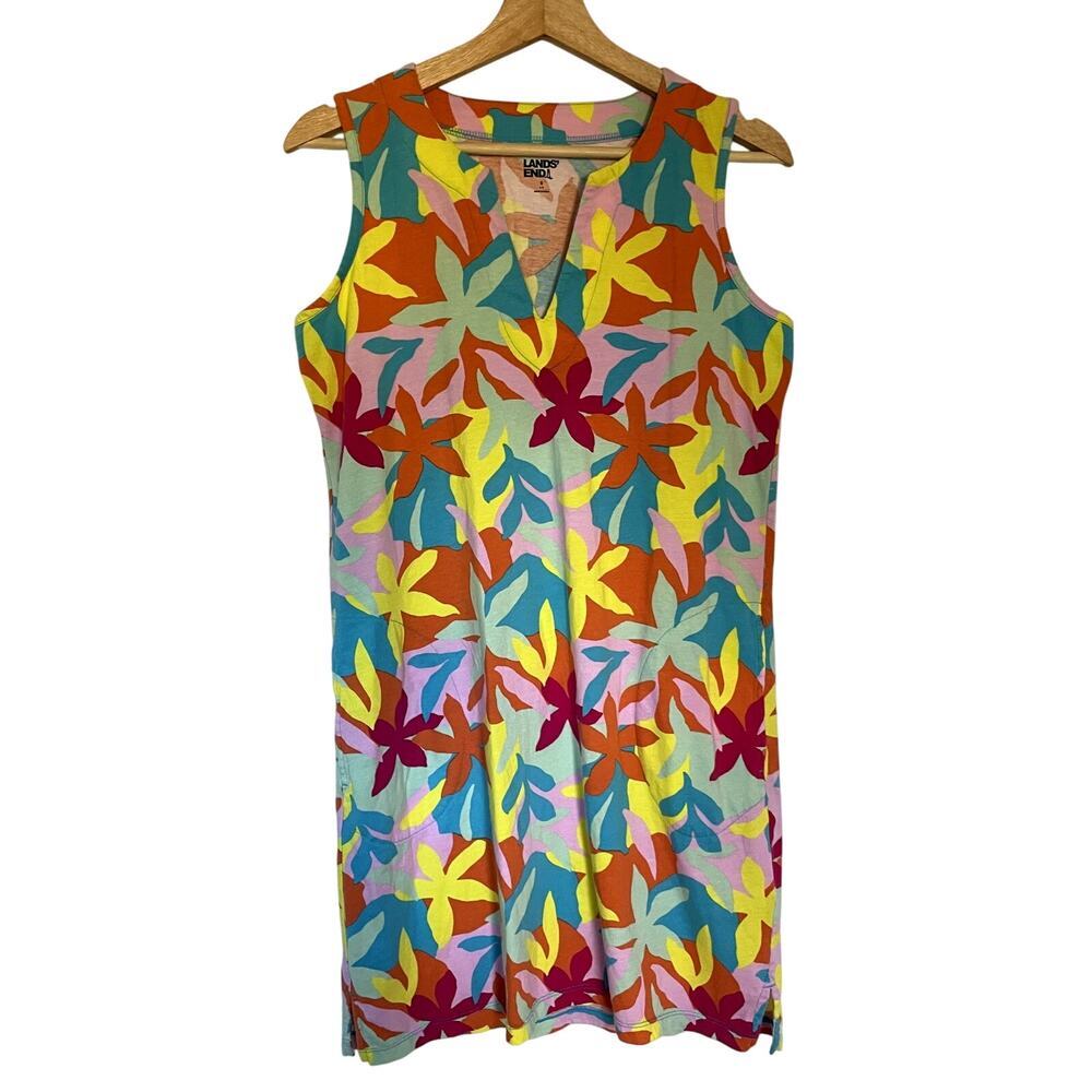 Lands' End colorful leaf print vneck sleeveless summer sundress women's S cotton